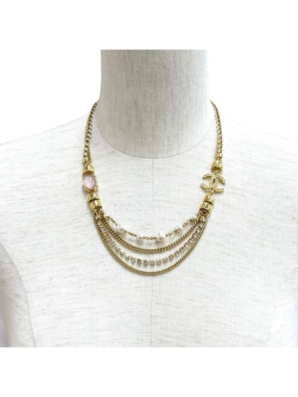 Chanel CC Logo Eco Pearl Stone Crush Chain Necklace Gold Pink White